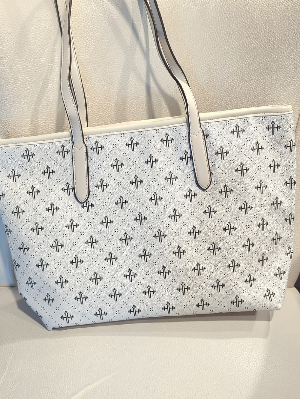 White Monogram Tote Bag with Black Pattern